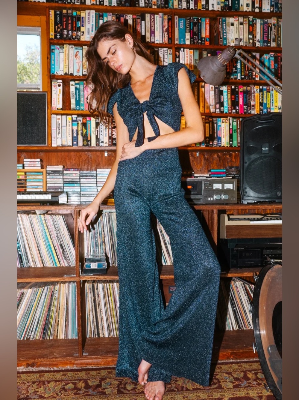 Stoned Immaculate Bianca Lurex Glitter Wide-Leg Jumpsuit with Cut Out Tie Front